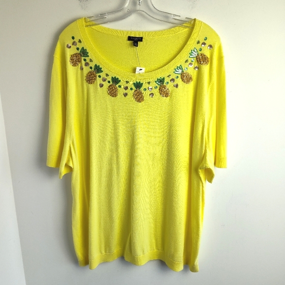 New Talbots Pineapple Embroidered shortsleeve sweater cotton yellow 3X plus size - Picture 2 of 12
